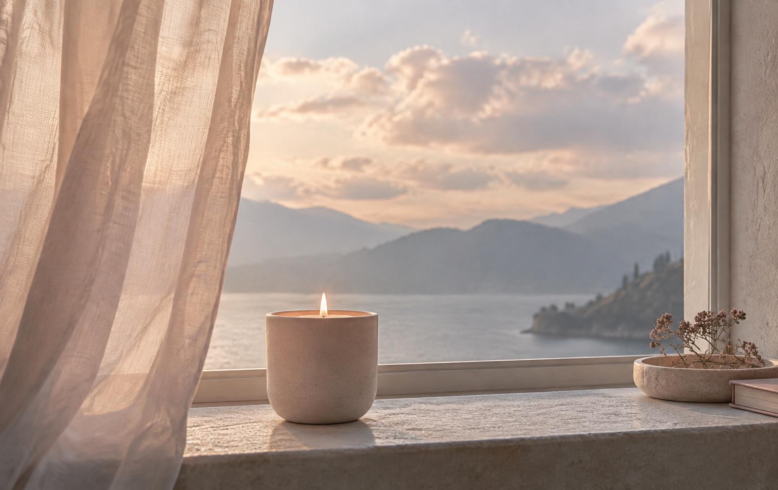 A candle glowing beside a quiet mountain lake